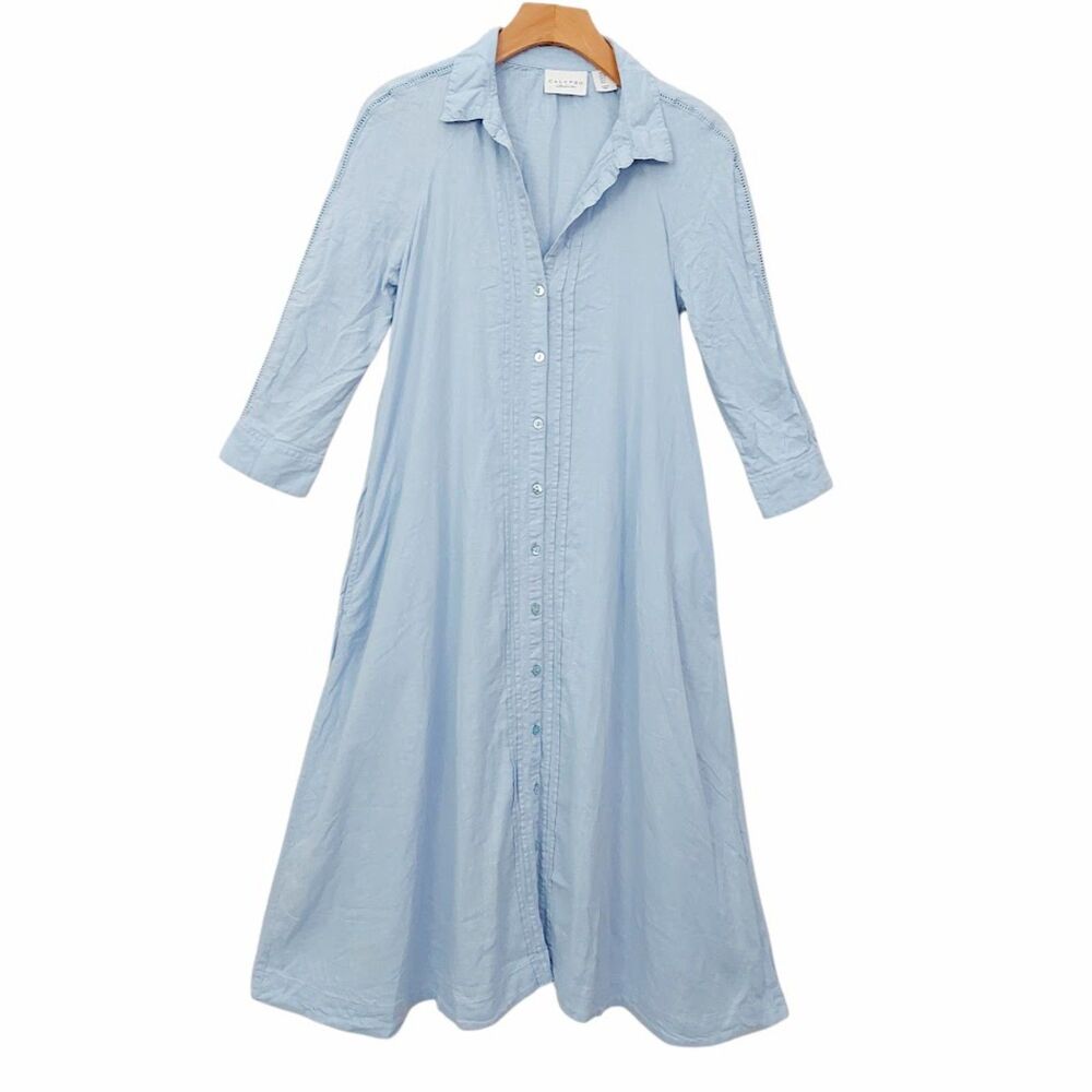 Calypso St Barth Midi Shirt Dress Womens Small Blue Pintuck Linen Lagenlook